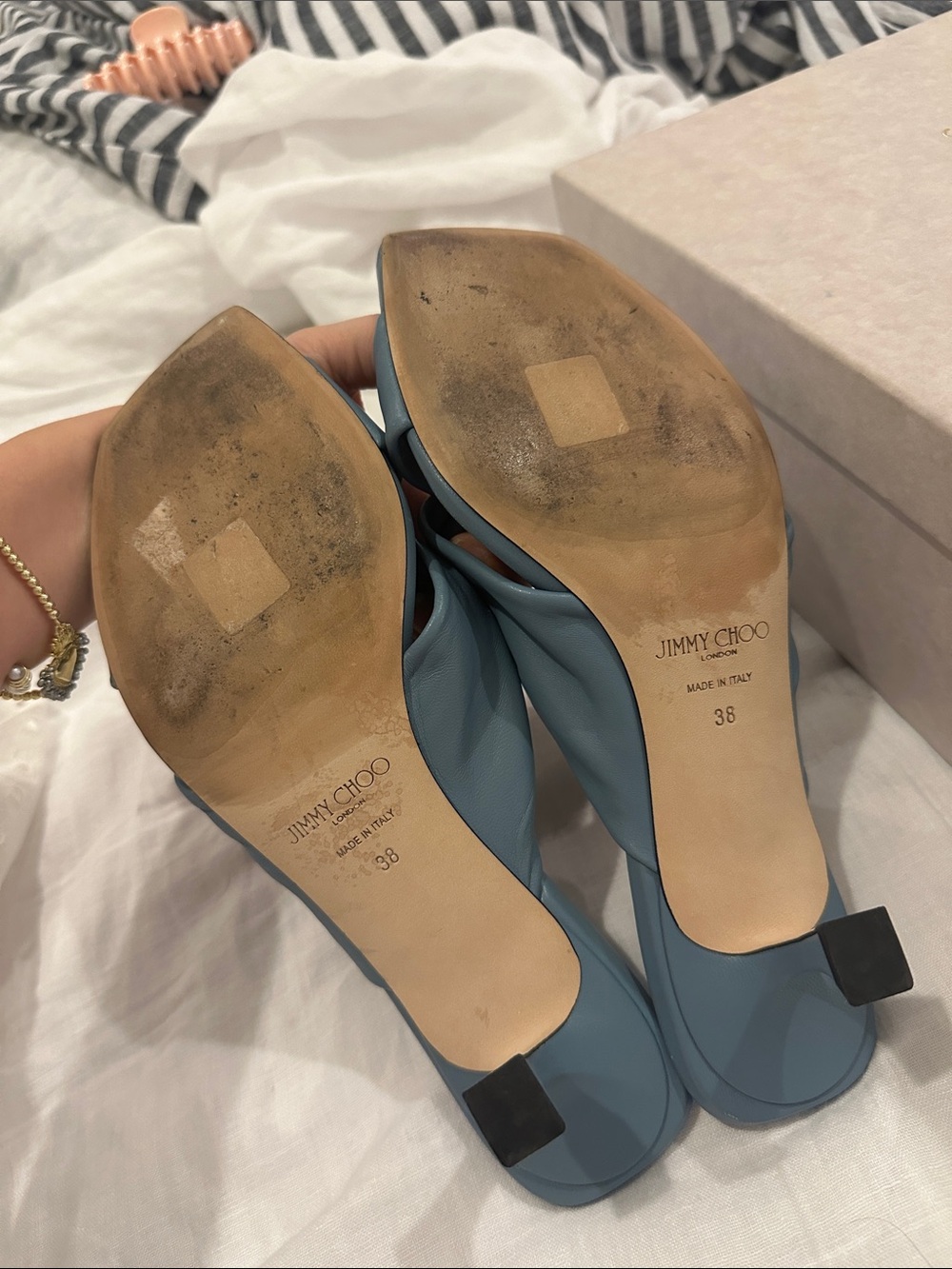 Jimmy Choo Light Blue Knotted Leather Heeled Mules Avenue Smoky Blue - Picture 4 of 7